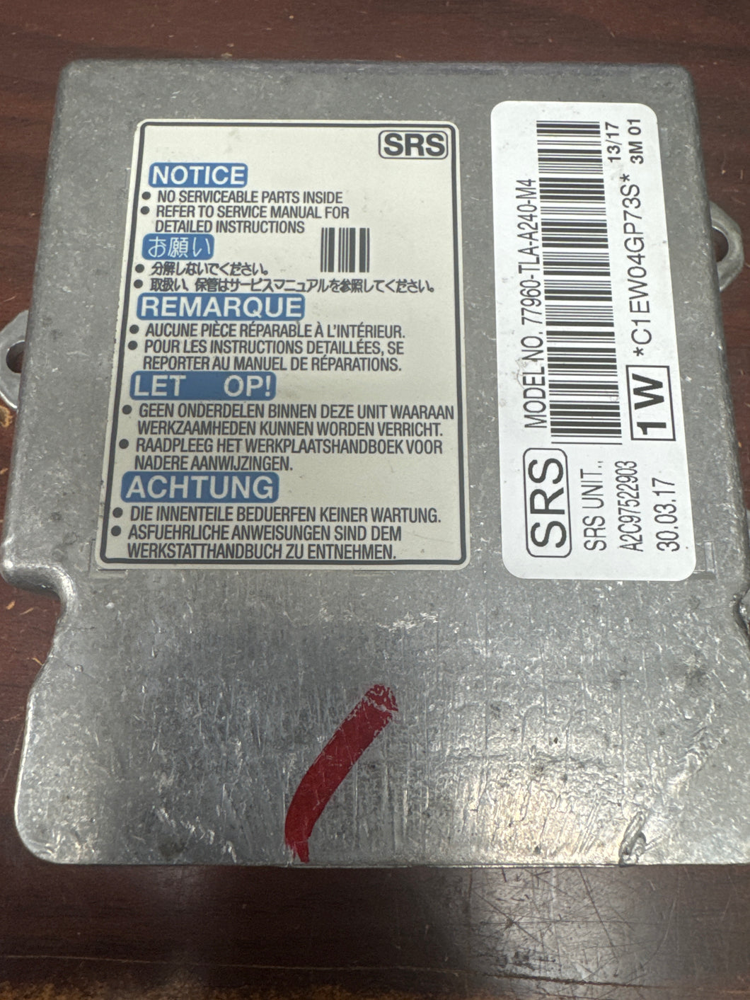 HONDA CR-V AIRBAG CONTROL MODULE PN: 77960-TLA-A240-M4 (P)